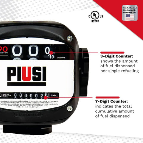 Close-up of 3 Digit Mechanical Fuel Flow Meter with 90 Degree Inlet Outlet, 1 Inch NPT, 7 Digit Totalizer, and 3 Digit Readout.