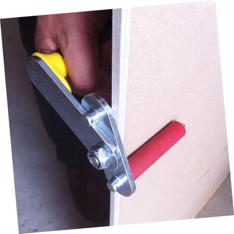 No Sweat Drywall And Gypsum Board Lifter Set Adjustable Angle Handles lightweight tool lifting drywall with a yellow handle.