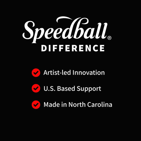Black background with 'Speedball Difference: Artist-led Innovation, U.S. Based Support, Made in North Carolina' text.