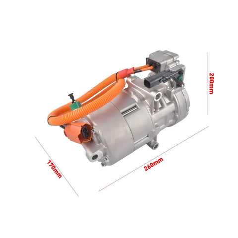 Bolt Right In 125W Belt Driven AC Compressor For Tesla Model S And Model X 2016 To 2020, angled view with dimensions.