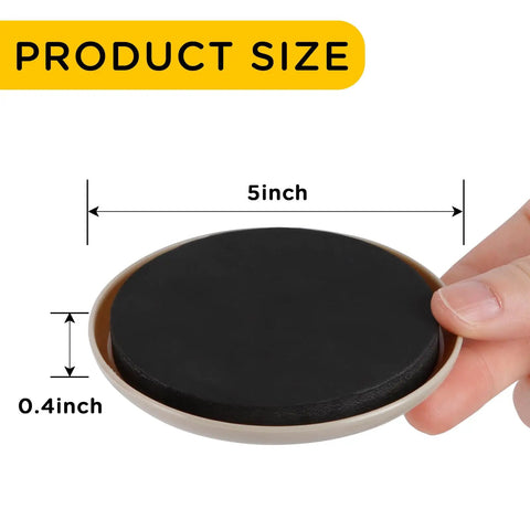 Hand holding 5-inch round carpet furniture slider showing size for Carpet Furniture Sliders 8 Pcs 5 Inch Round Heavy Duty Moving Sliders Reusable For Carpeted Floors Move Your Furniture Quickly Easily And Safely For All Carpet Types No Scratch