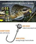 Trout fish biting lure, various plastic worm sizes, sharp hook details from Freshwater Fishing Lures Kit With Spoon Lures And Soft Plastic Worms Bass Trout Salmon Tackle Set With Tackle Box Included Realistic 3D Eyes And High Reflective Flash A Dope Gift For Anglers.