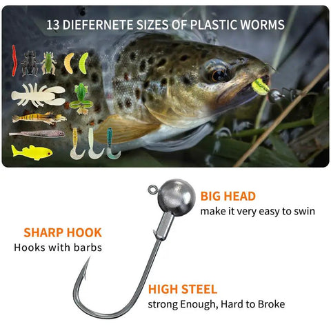 Trout fish biting lure, various plastic worm sizes, sharp hook details from Freshwater Fishing Lures Kit With Spoon Lures And Soft Plastic Worms Bass Trout Salmon Tackle Set With Tackle Box Included Realistic 3D Eyes And High Reflective Flash A Dope Gift For Anglers.