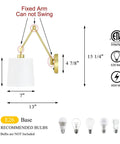 Diagram of Brass Wall Lamps Set Of 2 With White Fabric Shade, Vintage Modern Sconce Lighting, showing dimensions and bulb info.