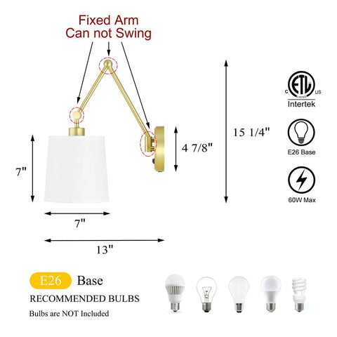 Diagram of Brass Wall Lamps Set Of 2 With White Fabric Shade, Vintage Modern Sconce Lighting, showing dimensions and bulb info.