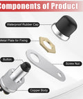 Components of Heavy Duty 12V 50A Push Button Starter Switch Two Pack with waterproof cap, metal plate, screw nut, button, and copper body
