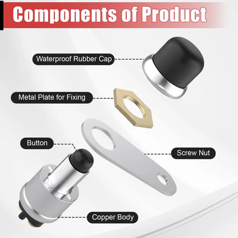 Components of Heavy Duty 12V 50A Push Button Starter Switch Two Pack with waterproof cap, metal plate, screw nut, button, and copper body