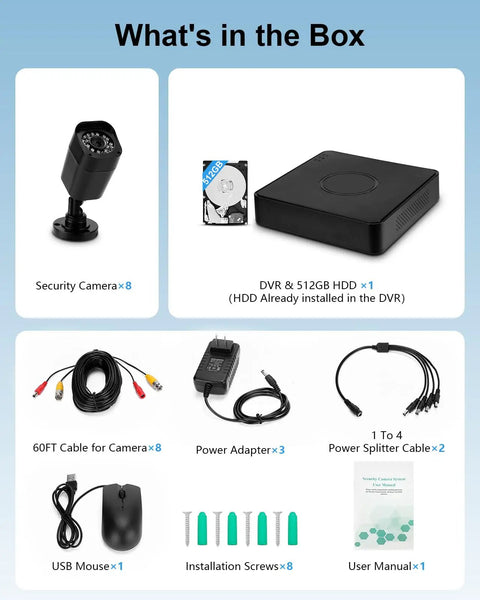 Components of 8 Channel 1080P Wired Security Camera System With 8 Outdoor Surveillance Cameras Vehicle And Human Detection DVR