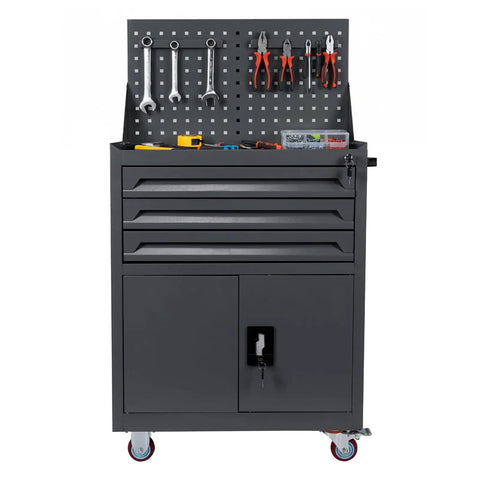 Heavy Duty Rolling Tool Chest On Wheels With Locking Drawers And Soft Liners Rustproof Steel Cabinet For Garage Workshop And Warehouse Tough As Nails Tool Storage With Easy Glide Wheels And Secure Locking System, front view with pegboard
