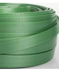 Rock Solid Pet Poly Strapping Roll, Heavy Duty Plastic Pallet Banding Coil with embossed texture, durable green tape.