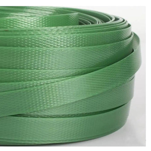 Rock Solid Pet Poly Strapping Roll, Heavy Duty Plastic Pallet Banding Coil with embossed texture, durable green tape.