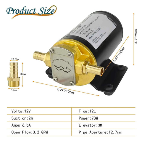 12V Oil Extractor Pump For Engine And Marine Use, 3.2 GPM Gear Oil Pump, Durable Bronze Body With FNPT Brass Fittings