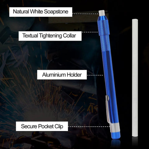Pro Grade Soapstone Holder Kit Pack Of 14 With 2 Round Pencils And 12 Refills, blue aluminum holder close-up
