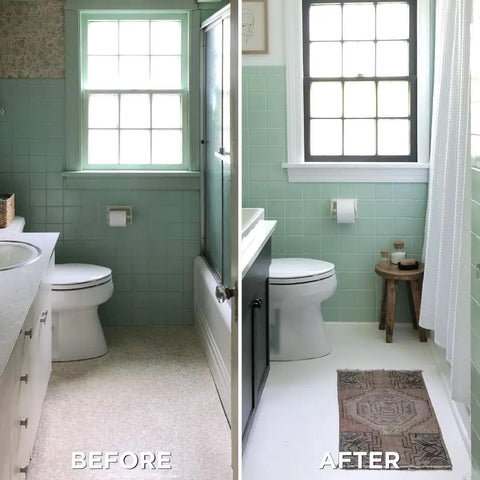 Before and after view of bathroom floor using Interior Floor Coating Kit Ultra White Semi Gloss Finish For Ceramic Tile Concrete Hardwood Laminate And Vinyl Water Based DIY Floor Makeover That Adheres Without Stripping Or Priming Top Coat Included Easy To Apply And Long Lasting