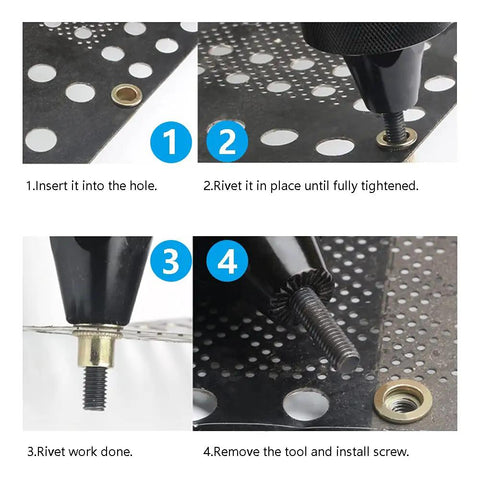 M12 Carbon Steel Rivet Nuts Flat Head Threaded Inserts showing installation steps with rivet tool on metal sheet.