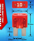 Auto Micro2 Fuse Kit 120 Piece With Fuse Puller 10A red fuse dimensions shown in millimeters