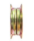 Side view of flat idler pulley replacement for lawn tractors and mowers that keeps belts spinning smooth fits Husqvarna, AYP, Craftsman, John Deere