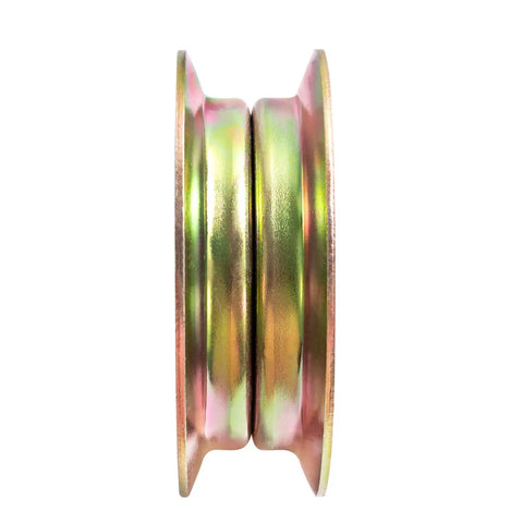 Side view of flat idler pulley replacement for lawn tractors and mowers that keeps belts spinning smooth fits Husqvarna, AYP, Craftsman, John Deere