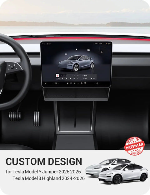 Under Screen Storage Box For Tesla Model Y And Model 3 Center Console Organizer Tray Juniper 2024 2025 2026 interior view