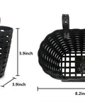 Front Bike Basket For Kids With Bell, durable plastic, black, dimensions shown, handlebar attachment detail, removable carrier.