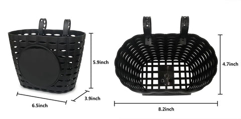 Front Bike Basket For Kids With Bell, durable plastic, black, dimensions shown, handlebar attachment detail, removable carrier.