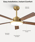 52 Inch Gold And Black Ceiling Fan With Lights And Remote App Indoor Outdoor Smart Fan For Bedroom Living Room Patio