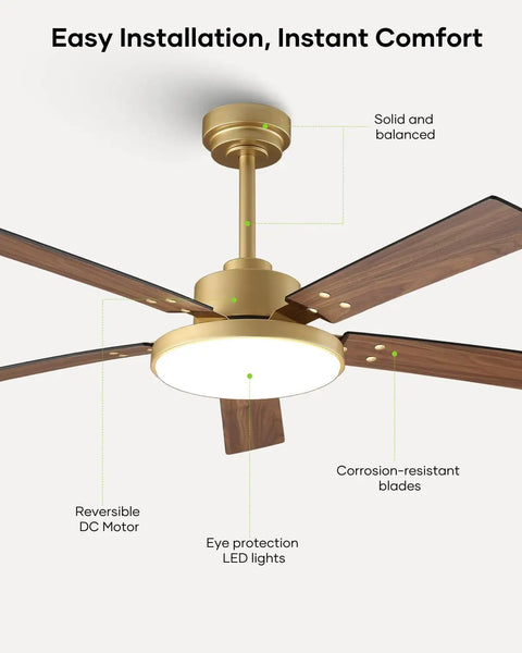 52 Inch Gold And Black Ceiling Fan With Lights And Remote App Indoor Outdoor Smart Fan For Bedroom Living Room Patio
