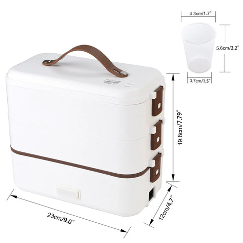 Electric Lunch Box Warmer On The Go Grab And Go 300W 110V Wall Plug 3 Layer 800ML Stainless Steel Containers side view dimensions