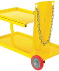 HEAVY DUTY YELLOW POWDER COATED STEEL WELDING CART WITH SMOOTH ROLLING CASTERS AND SLANTED WORK SURFACE showing slanted top and durable wheels.