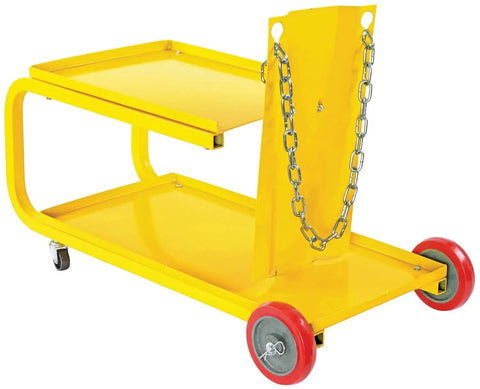 HEAVY DUTY YELLOW POWDER COATED STEEL WELDING CART WITH SMOOTH ROLLING CASTERS AND SLANTED WORK SURFACE showing slanted top and durable wheels.