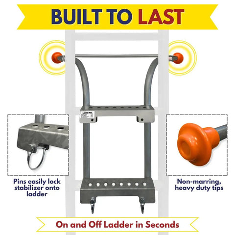 Heavy Duty Ladder Stabilizer for Safer Roof Access and Gutter Protection fits most ladders, shown with locking pins and non-marring tips.