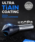 Top Notch M35 High Speed Steel Countersink Bits 1/2 Inch Shank with TiAIN Coating showcasing 90 degree chamfer drill tip.
