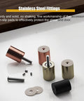 Stainless steel fittings including copper, brass, and black components with screws and pads on a wooden surface.