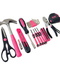 39 Piece Household Tools Kit With Plastic Toolbox For Easy Home Repairs And Quick DIY Projects, pink handled tools on white