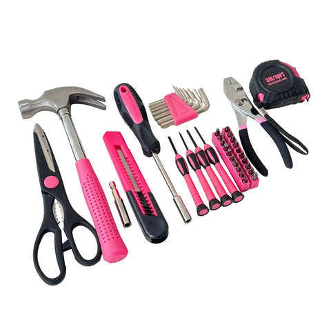 39 Piece Household Tools Kit With Plastic Toolbox For Easy Home Repairs And Quick DIY Projects, pink handled tools on white