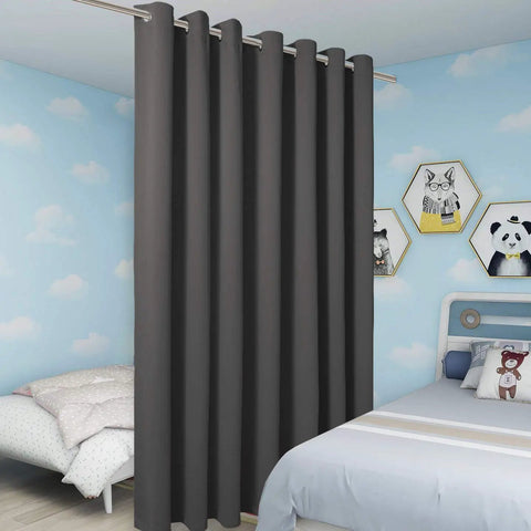 Extra Wide Room Divider Curtain 96X150 Inch For Total Light Blocking And No Sweat Rod Prep With Heavy Duty Metal Grommets in dark grey.