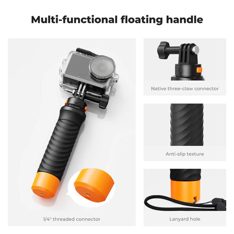 60 Meter Waterproof Case With Floating Handle Kit For DJI Osmo Action 6 shown with orange-black textured handle and camera mount