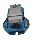 Three Inch Heavy Duty Milling Vise With Bullseye Precision Clamping, showing blue cast iron base and clamp jaws.
