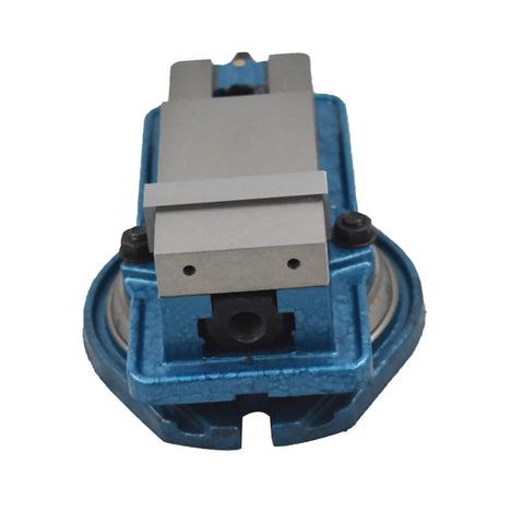 Three Inch Heavy Duty Milling Vise With Bullseye Precision Clamping, showing blue cast iron base and clamp jaws.