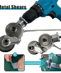Universal Power Drill Sheet Metal Cutter Attachment Heavy Duty Steel Shear Clip For Copper Aluminum Iron Up To 1.5 Mm attached to a drill cutting metal.