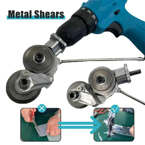 Universal Power Drill Sheet Metal Cutter Attachment Heavy Duty Steel Shear Clip For Copper Aluminum Iron Up To 1.5 Mm attached to a drill cutting metal.