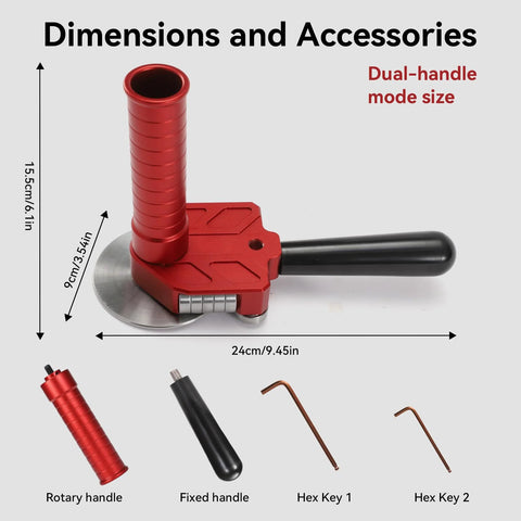 Front view of red sheet metal bender with rotary red handle and black fixed handle; includes two hex keys.