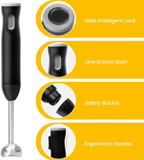Rechargeable Cordless Immersion Blender With Sweet Egg Whisk Attachment Kickass Handheld Stick Mixer detailing ergonomic handle and control buttons.