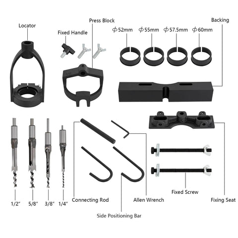 Heavy Duty Drill Press Mortising Attachment Kit With Four Precision Chisels And Steel Rings Hella Tough Woodworking parts and tools layout.