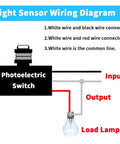 Wiring diagram showing a photocell light sensor with labeled input, output, and load lamp for Dusk To Dawn Photocell Sensor Switch For Outdoor Lighting.
