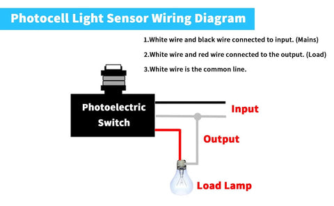 Wiring diagram showing a photocell light sensor with labeled input, output, and load lamp for Dusk To Dawn Photocell Sensor Switch For Outdoor Lighting.