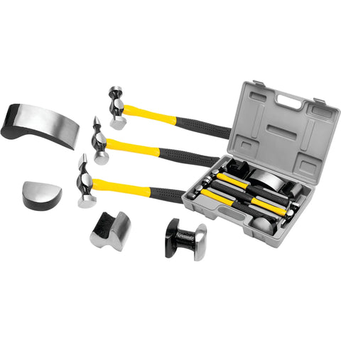 Auto Body Repair Kit Pro Grade With Hammers On Fiberglass Handles And Dollies In A Tool Case, 7 Piece Set, Yellow and Black