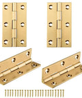 Four Pack Heavy Duty Solid Brass Butt Hinges For Cabinet Doors And Furniture With Rich Gold Finish and No Sweat Mounting Kit.