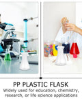 12 Pack Plastic Flask Set For Science Class, Wide Mouth Erlenmeyer Style Bottles in use during classroom lab experiments