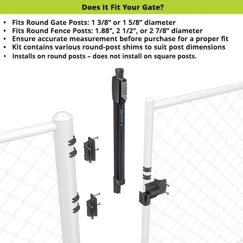 Heavy Duty Magnetic Fence Latch For Backyard Chain Link Gates features mounting details on round posts and shim kit for proper fit.